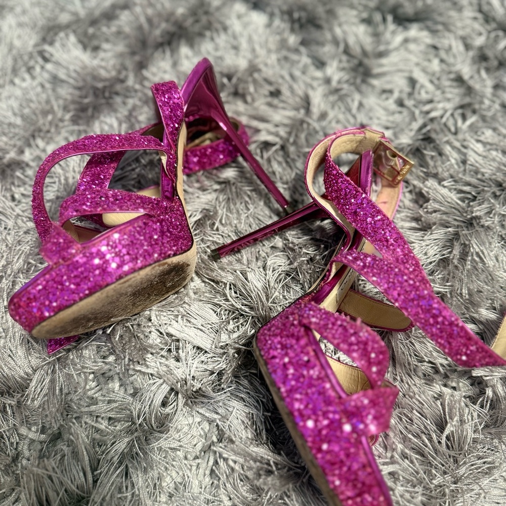 Jimmy Choo Vamp Pink Glitter High Heels Platform 37.5 - Picture 3 of 7